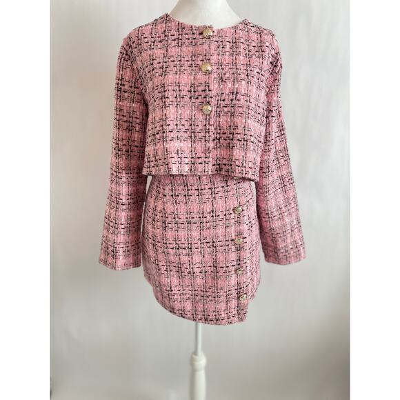 TWEED MINI SKIRT AND JACKET BLAZER SET WOMENS PINK BLACK GOLD BUTTON 2 PIECE SET